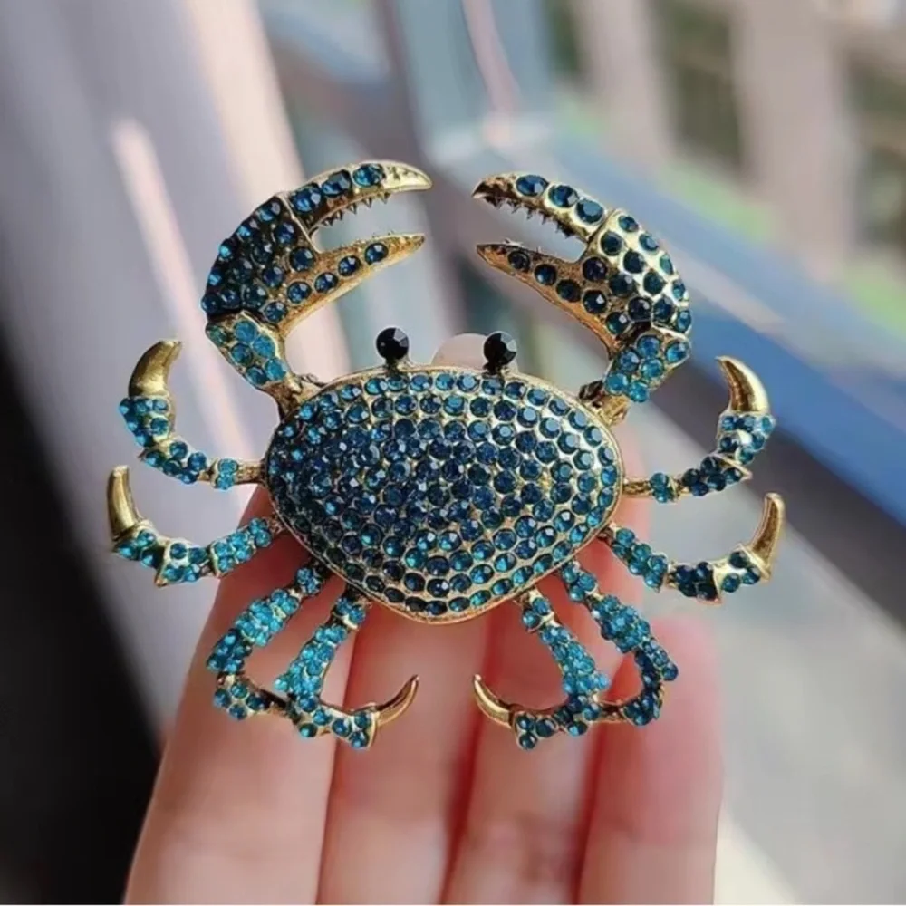 Blue Crystal Crab Brooch | Ocean Animal Pin | Nautical Statement Jewelry